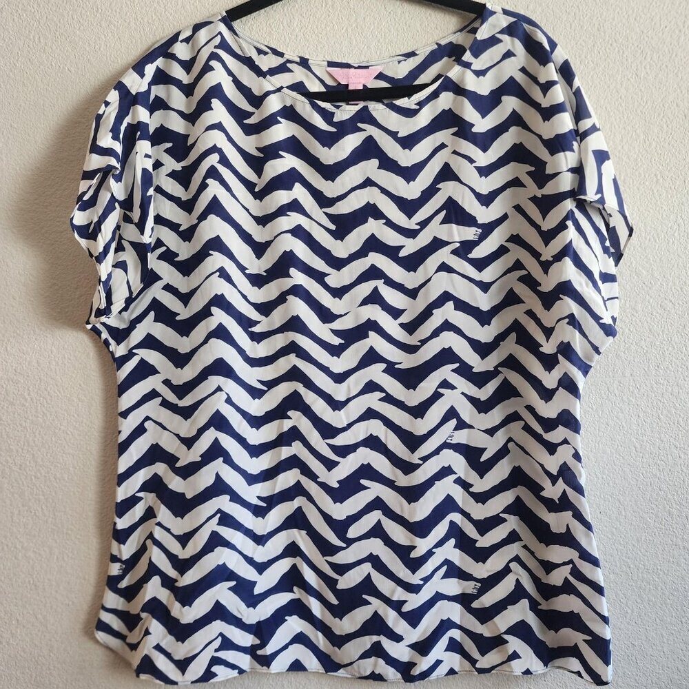 Lilly Pulitzer Shirt Womens Large Silk Abstract Print Short Sleeve Top Blouse